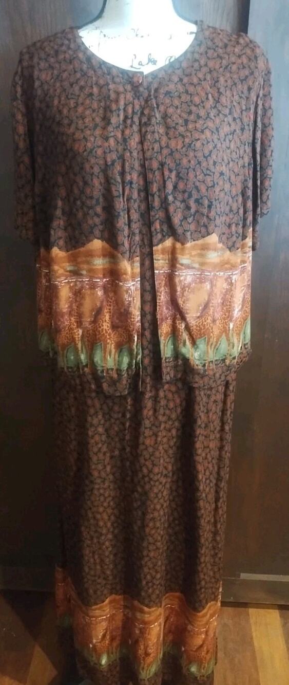 Vintage Robbie Bee Brown Giraffe Maxi Dress 2 Pc Set Safari Animal Print Size 18